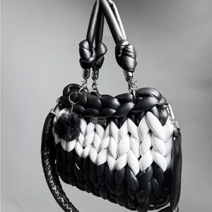 Black & White Braided Tote Bag with Pom Charm
